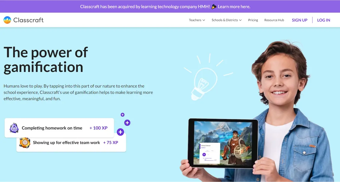 Startseite von Classcraft mit dem Banner zur Übernahme durch HMH und der Zeile "The power of gamification"; rechts ein Schüler mit Tablet, links Karten für pünktliche Hausaufgaben und gute Teamarbeit mit Punktegewinn