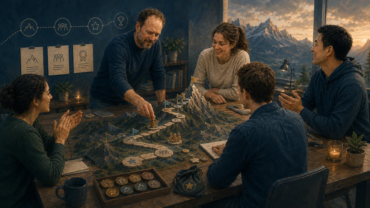 Ein Spielbrett auf dem Tisch: ein Pfad über einen Berg mit Stationen, Fähnchen und Abzeichen - Gamification zum Anfassen
