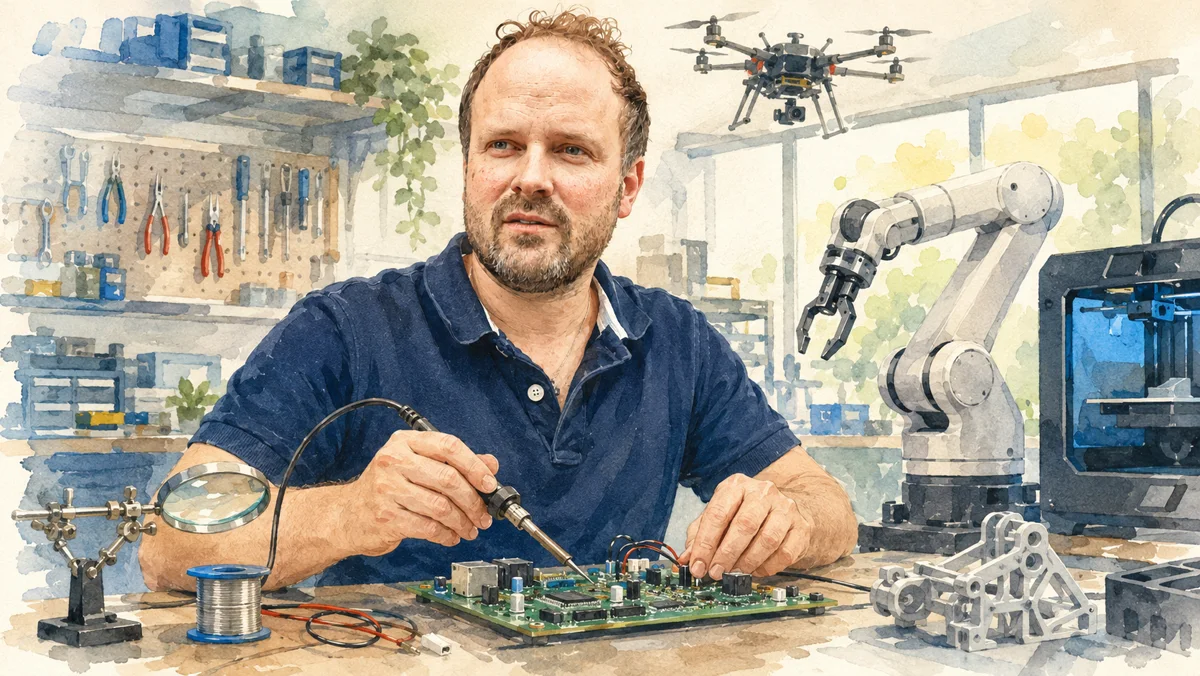 Werkstatt mit Lötkolben und Platine, dahinter Drohne, Roboterarm und 3D-Drucker