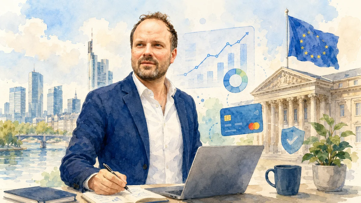 Finanzdaten und Zahlungsströme vor der Frankfurter Skyline