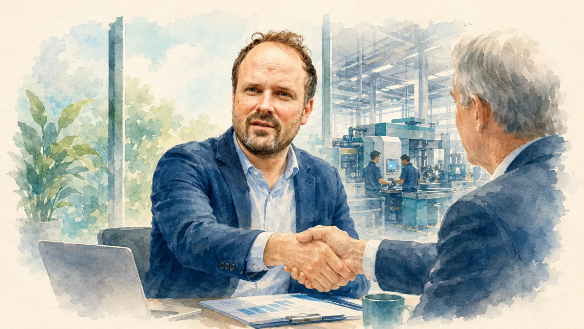 Produktionshalle im Mittelstand, Maschinen und Menschen bei der Arbeit