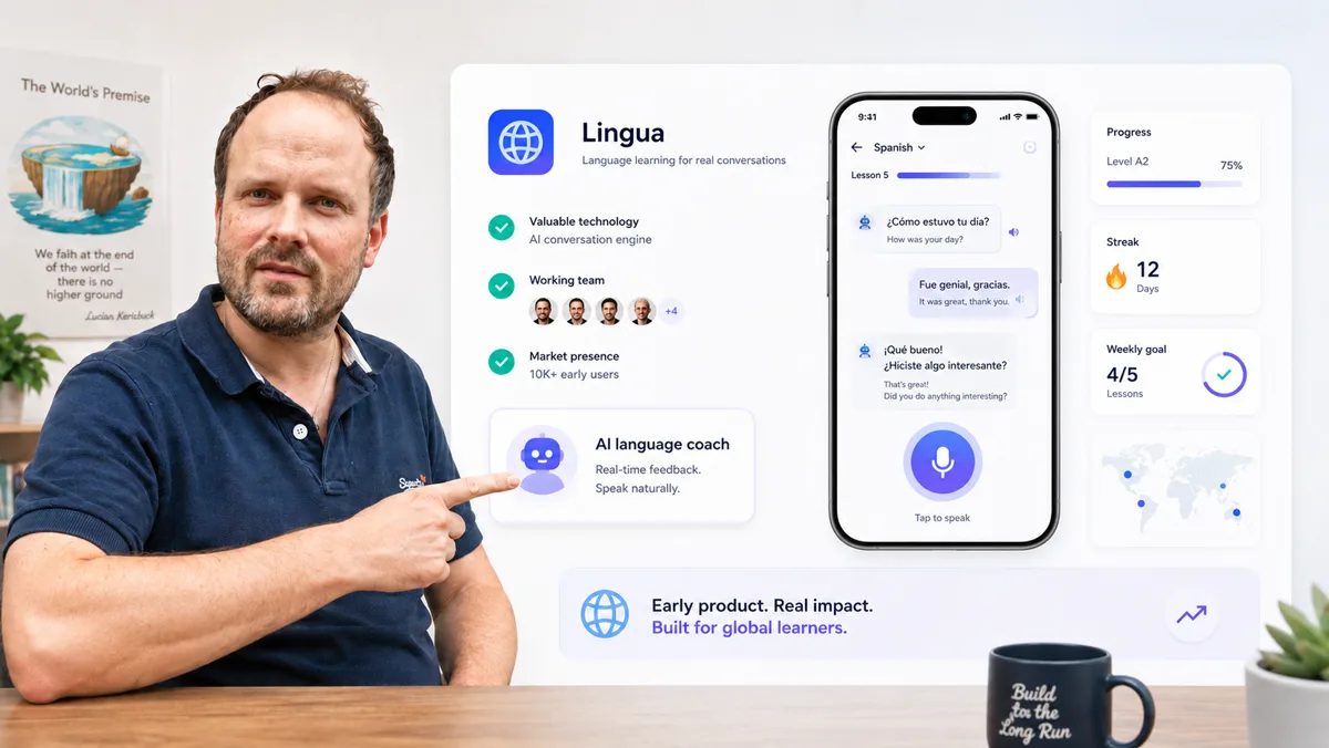 Vorstellung einer Sprachlern-App für echte Gespräche: vorhandene Technik, arbeitendes Team und erste Marktpräsenz, daneben die App auf dem Telefon mit Sprachaufnahme, Fortschritt und Wochenziel