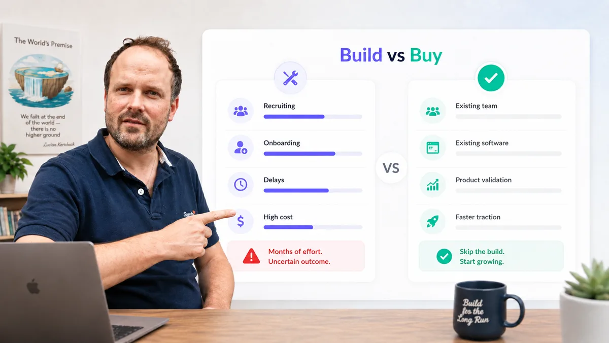 Bauen gegen Kaufen: links Recruiting, Einarbeitung, Verzögerungen und hohe Kosten mit ungewissem Ausgang, rechts vorhandenes Team, fertige Software, bestätigtes Produkt und schnellerer Zug im Markt