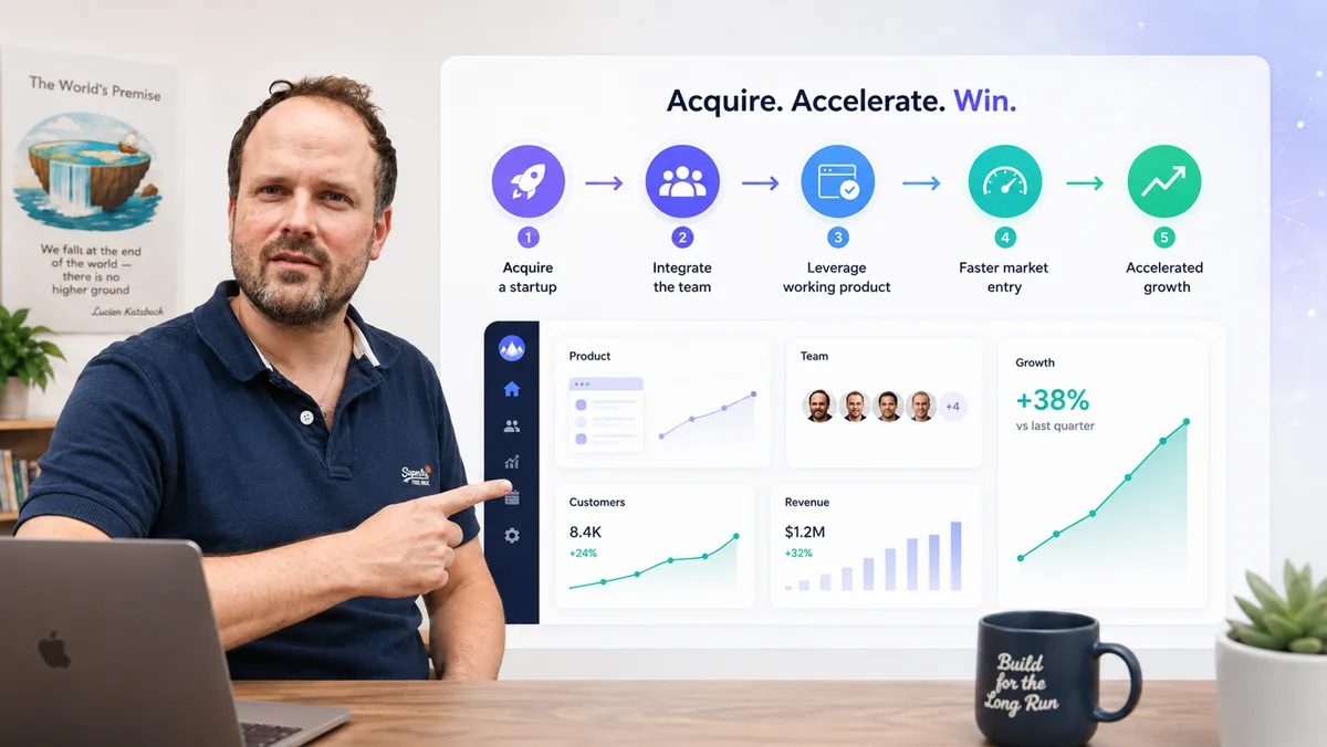 Tafel mit fünf Schritten: ein Startup übernehmen, das Team einbinden, das laufende Produkt nutzen, schneller in den Markt und beschleunigtes Wachstum - daneben Kennzahlen zu Produkt, Team und Wachstum