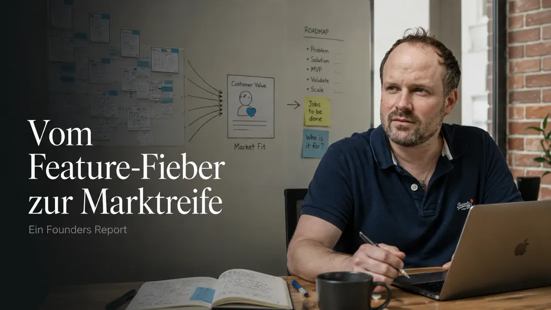 Titelbild des Founders Reports "Vom Feature-Fieber zur Marktreife" - am Schreibtisch vor einer Wand mit Roadmap von Problem über Lösung und MVP bis zur Skalierung