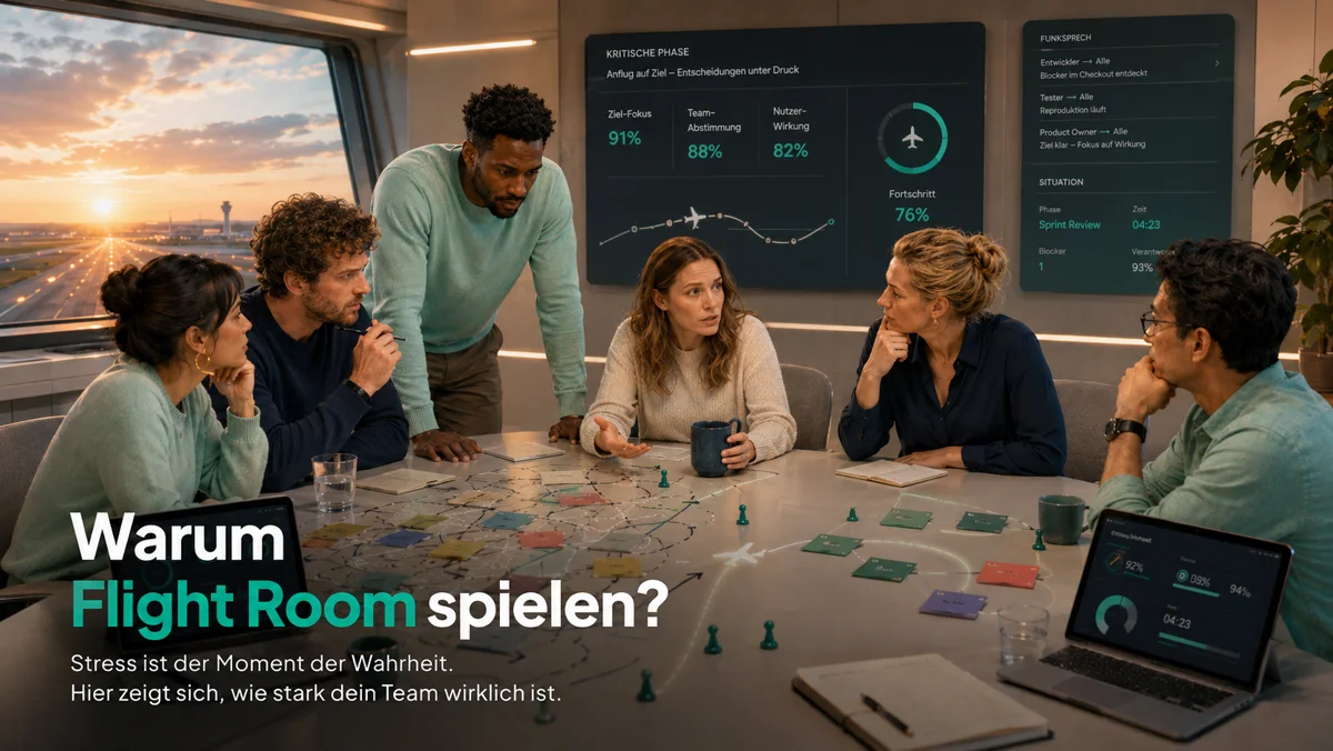 Warum Flight Room spielen: Stress als Moment der Wahrheit, daneben Ziel-Fokus, Team-Abstimmung und Nutzer-Wirkung in Prozent