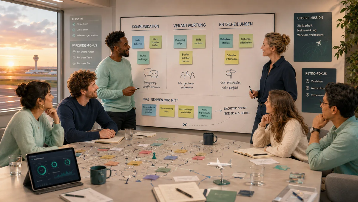 Retrospektive am Whiteboard: Kommunikation, Verantwortung und Entscheidungen auf Haftnotizen, darunter die Frage, was das Team mitnimmt, damit der nächste Sprint besser wird