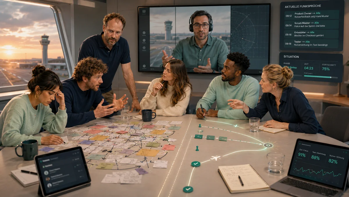 Eine Runde unter Druck: das Team am Spielbrett, an der Wand die laufenden Funksprüche zwischen Product Owner, Scrum Master, Entwickler und Tester
