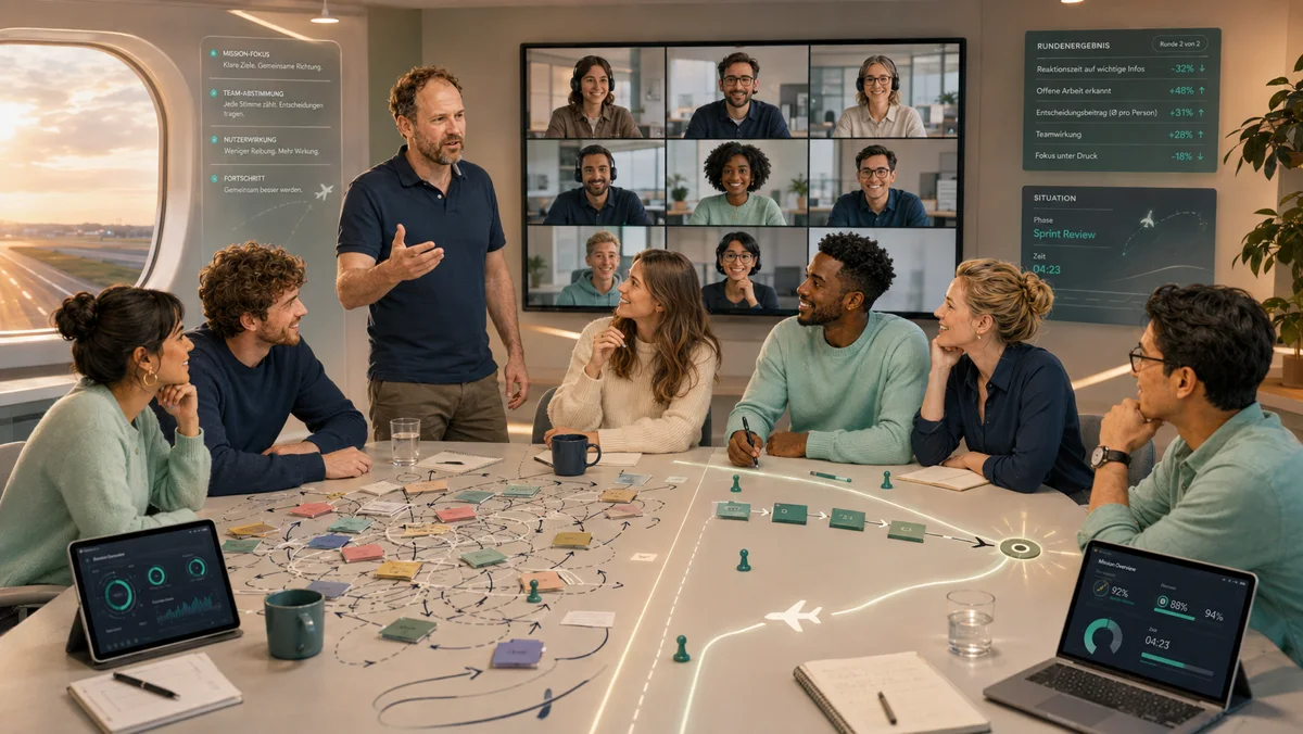 Ein Team am Flight-Room-Spielbrett, im Hintergrund zugeschaltete Kolleginnen und Kollegen sowie das Rundenergebnis mit Reaktionszeit, offener Arbeit und Teamwirkung