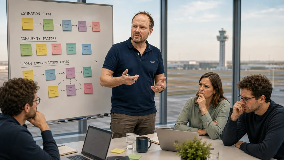 Am Whiteboard drei Ebenen einer Schätzung: der Ablauf, die Komplexitätsfaktoren und darunter die verborgenen Kommunikationskosten - dort steht nur ein Fragezeichen