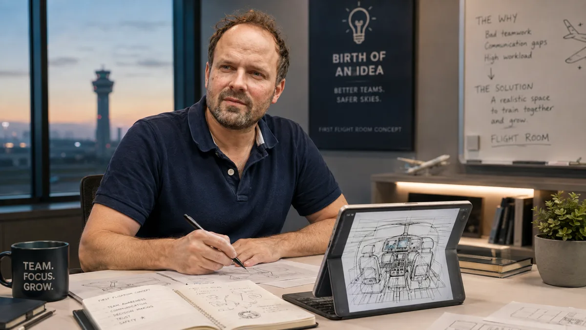 Am Schreibtisch mit der Cockpit-Skizze auf dem Tablet; im Hintergrund das Plakat zur Geburt einer Idee - bessere Teams, sicherere Flüge - und ein Whiteboard, das von schlechter Teamarbeit, Kommunikationslücken und hoher Last zur Lösung führt: ein Raum zum gemeinsamen Üben