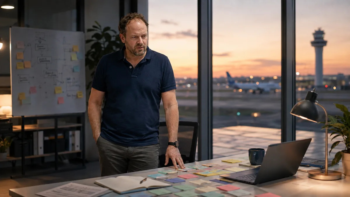 Spät abends allein im Büro, Haftnotizen über den ganzen Tisch verteilt, draußen der Flughafen im Abendrot