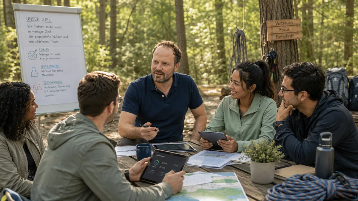 Runde an einem Holztisch im Wald, Seile und Rucksäcke daneben, das Cockpit auf zwei Tablets; am Flipchart das gemeinsame Ziel: mehr Wert in weniger Zeit, mit Fokus, Nutzerwert und Teamwirkung