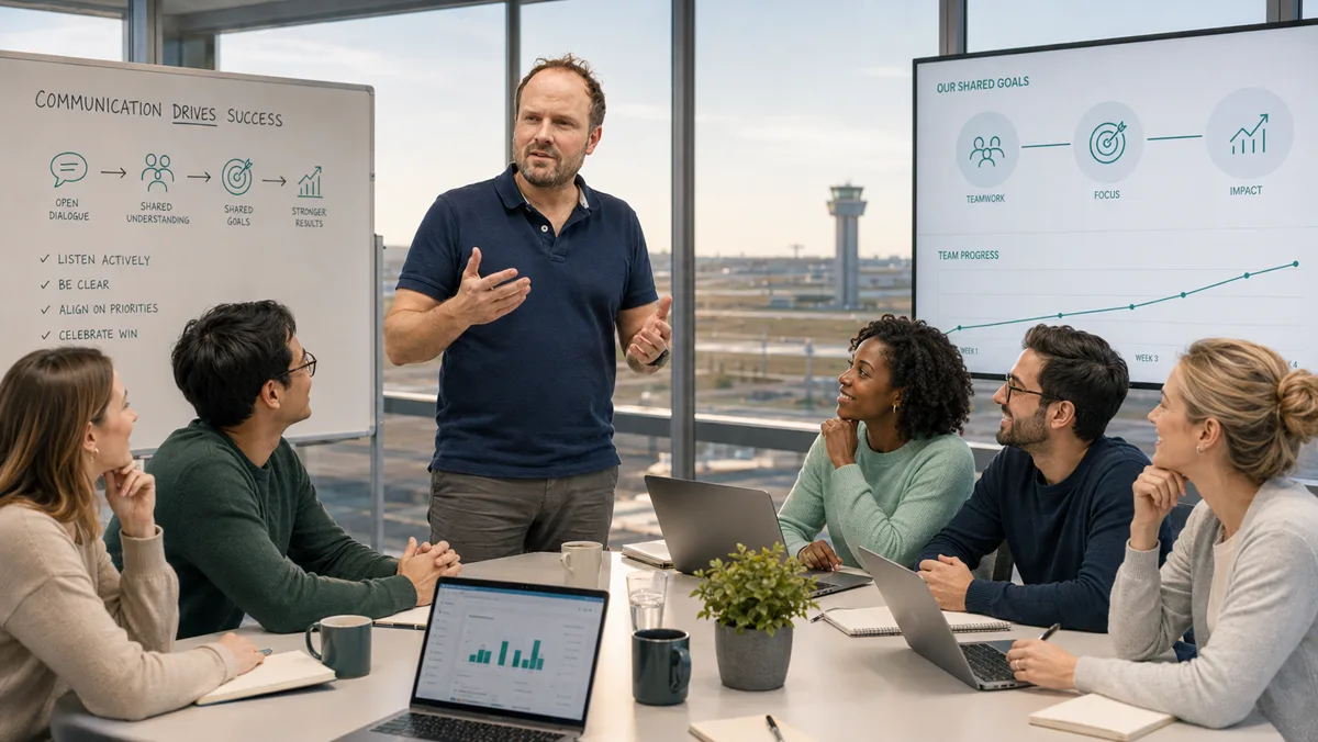 Vor dem Team am Flipchart: Kommunikation führt zum Erfolg - offener Austausch, gemeinsames Verständnis, gemeinsame Ziele, stärkere Ergebnisse; daneben ein Bildschirm mit den gemeinsamen Zielen Teamwork, Fokus und Wirkung und einer steigenden Fortschrittskurve