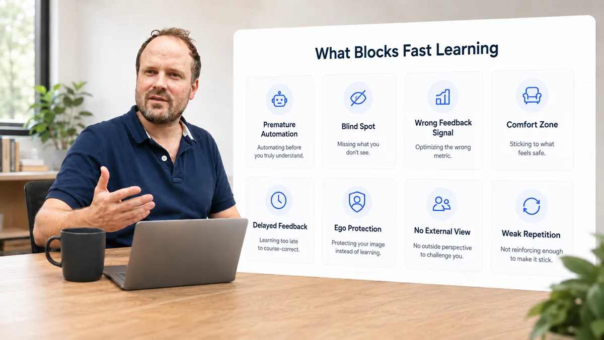 Acht Blockaden: verfrühtes Automatisieren, blinder Fleck, falsches Rückmeldesignal, Komfortzone, verspätete Rückmeldung, Selbstschutz, fehlender Blick von außen und zu schwache Wiederholung
