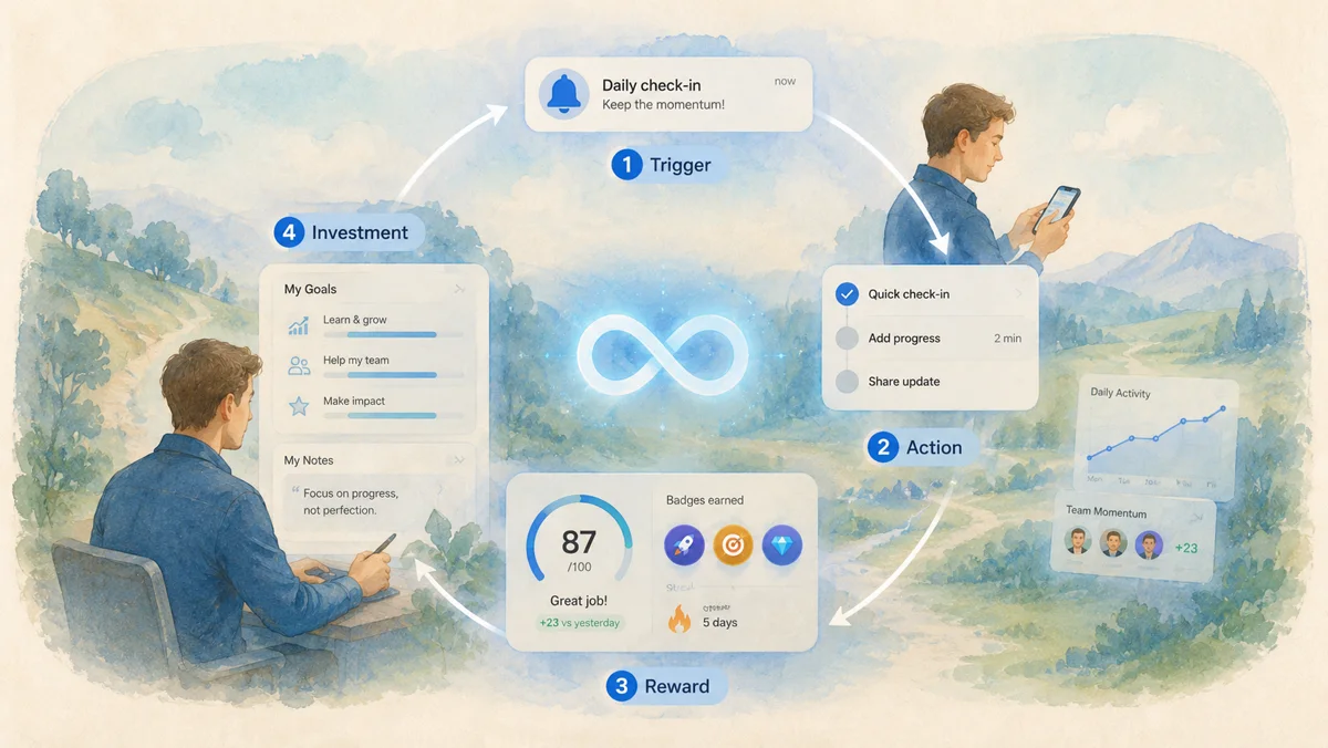 Das Hooked Model als Kreislauf: Auslöser, Handlung, Belohnung und eigene Investition - aus Nutzung wird Gewohnheit