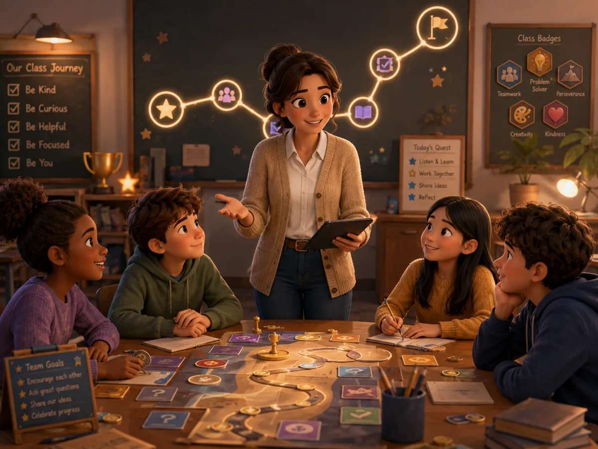 Gamifiziertes Klassenzimmer: an der Tafel die Klassenreise mit den Regeln sei freundlich, neugierig, hilfsbereit, konzentriert und du selbst, daneben die Tagesaufgabe und eine Tafel mit Abzeichen für Teamwork, Problemlösen, Ausdauer, Kreativität und Freundlichkeit; auf dem Tisch liegt eine Questkarte