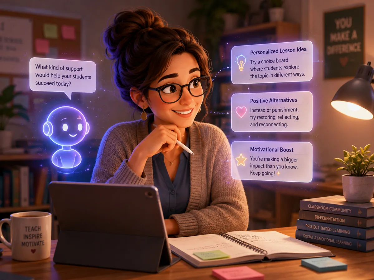 Die Lehrerin arbeitet am Tablet mit einem KI-Assistenten, der fragt, welche Unterstützung ihren Schülern heute helfen würde; er antwortet mit einer personalisierten Unterrichtsidee, mit Alternativen zur Bestrafung und mit einem aufmunternden Satz