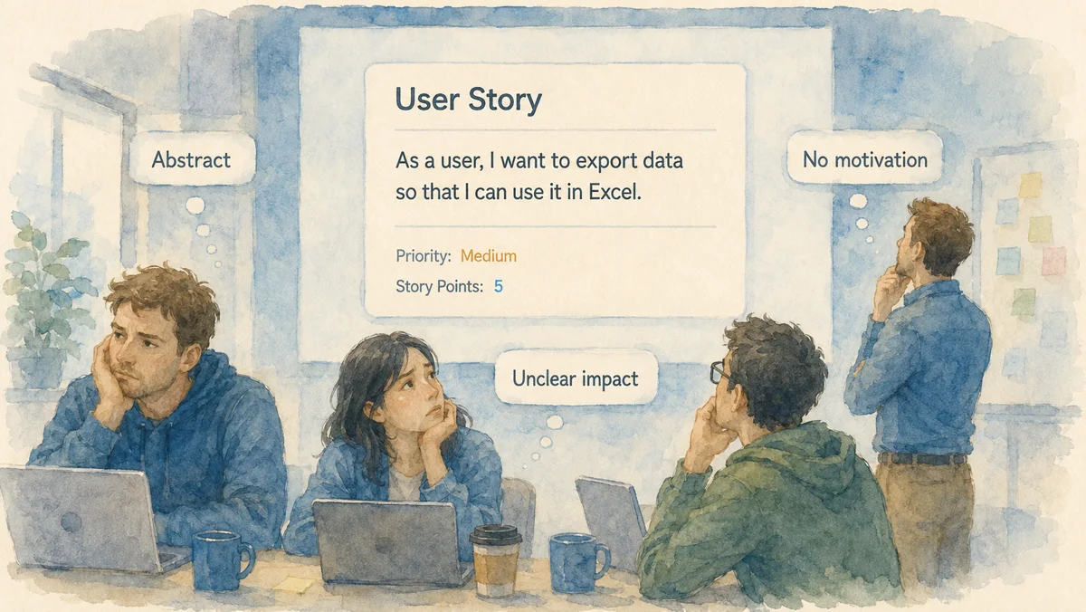 Eine klassische User Story an der Wand, das Team davor ratlos: abstrakt, ohne Motivation, mit unklarer Wirkung