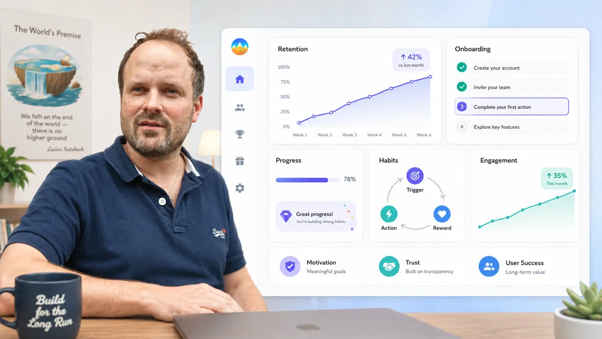 SaaS-Oberfläche mit Retentionskurve über sechs Wochen, Onboarding-Checkliste, Fortschrittsbalken und dem Kreislauf aus Auslöser, Handlung und Belohnung