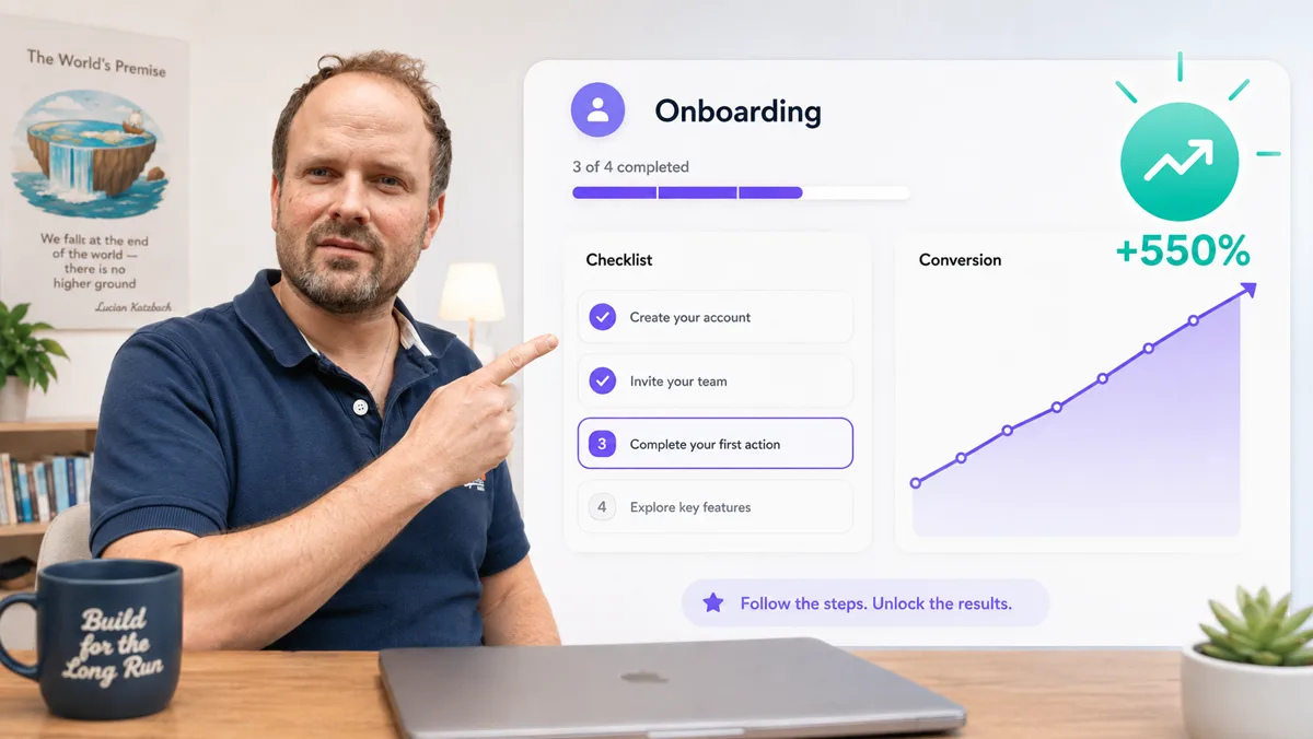 Onboarding-Checkliste mit drei von vier erledigten Schritten, daneben eine stark steigende Conversion-Kurve mit plus 550 Prozent
