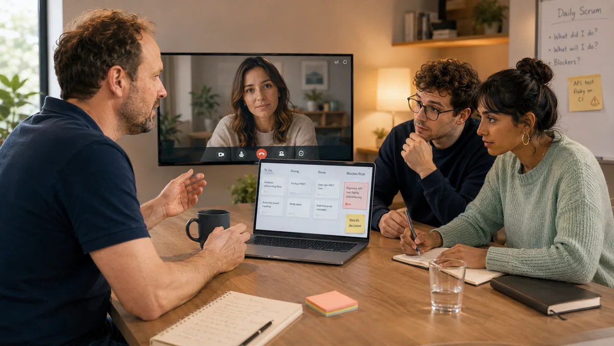 Daily im Dreierteam: drei Leute im Raum, eine Kollegin zugeschaltet, an der Tafel die drei Fragen des Daily Scrum und ein Zettel zu einem wackeligen Test; auf dem Board steht ein roter Risikoeintrag zum fehlschlagenden Zahlungs-API-Test