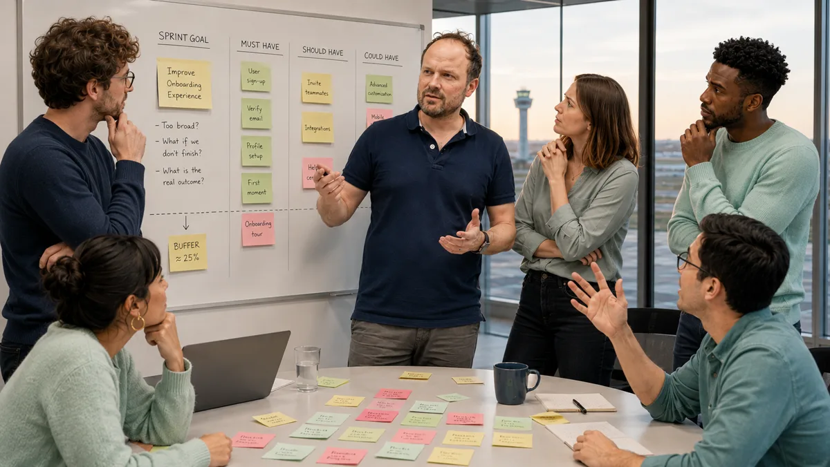 Planung im Sechserteam: das Sprintziel links, daneben die Spalten Must have, Should have und Could have mit Zetteln, unten ein Puffer von rund 25 Prozent