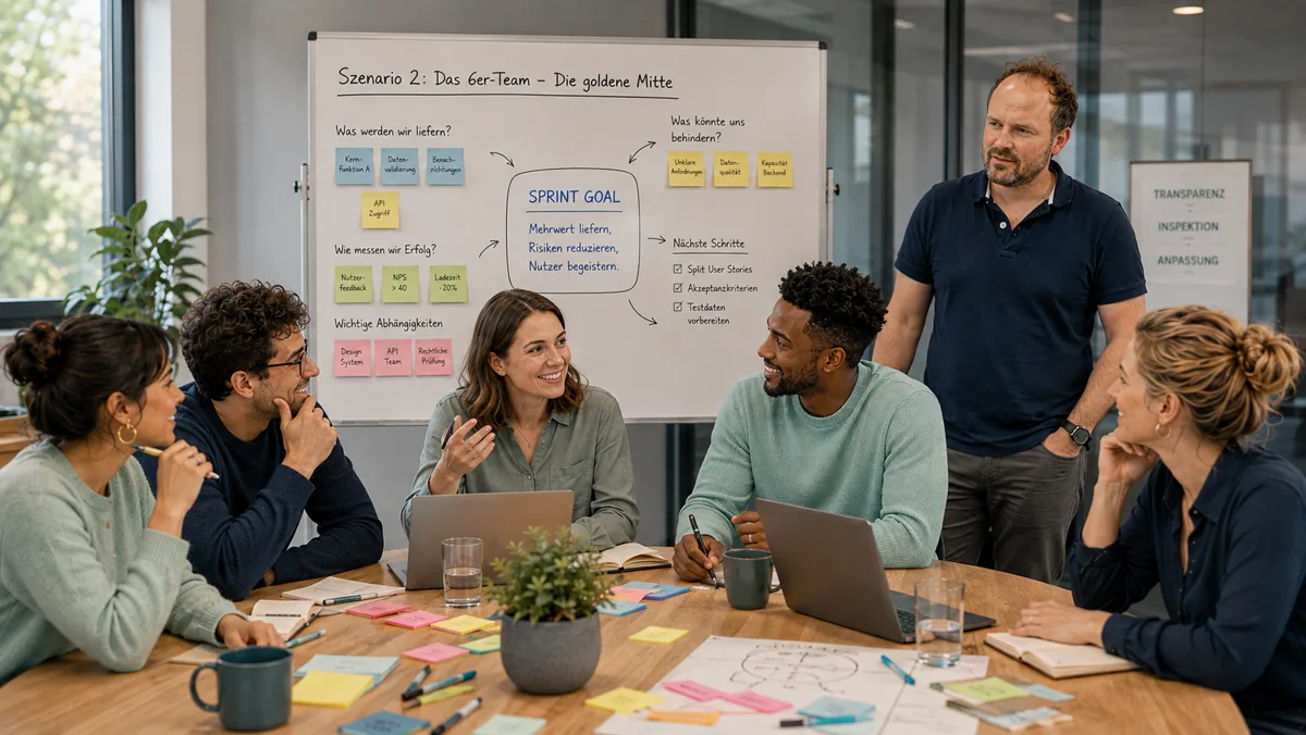 Whiteboard zum Sechserteam mit den Fragen, was geliefert wird, wie Erfolg gemessen wird und welche Abhängigkeiten es gibt; in der Mitte das Sprintziel: Mehrwert liefern, Risiken reduzieren, Nutzer begeistern