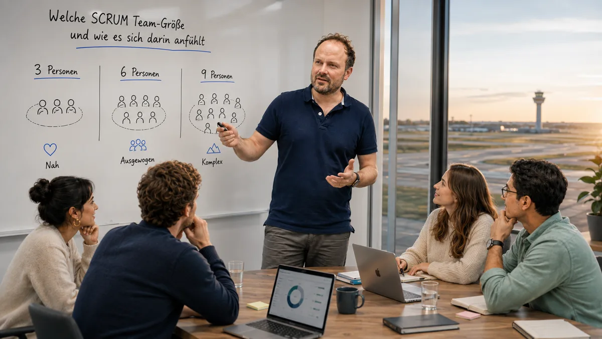 Am Whiteboard steht die Frage nach der richtigen SCRUM Team-Größe: drei, sechs und neun Personen als Kreise gezeichnet, darunter nah, ausgewogen und komplex