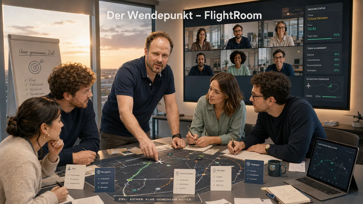 Das Team steht um eine Missionskarte, daneben Rollenkarten für Pilot, Navigator, Kommunikator, Stratege und Ingenieur; der Bildschirm zeigt Klarheit, Commitment, Kommunikation und Vertrauen als Werte, das Ziel lautet sicher, klar, gemeinsam weiter