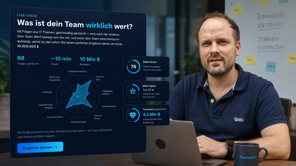 Der Liga-Check: 68 Fragen aus 17 Themen in rund 10 Minuten, mit Basis-Score, Elite-Faktor und geschätztem Teamwert