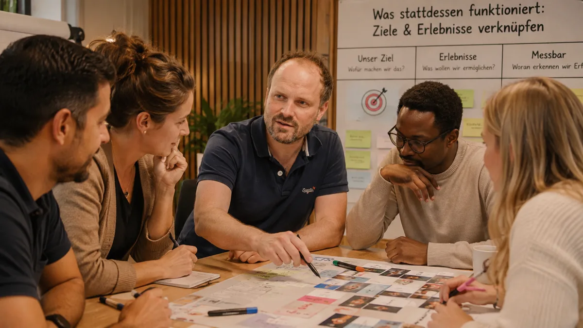 Das Team arbeitet an einer Tafel mit drei Spalten: unser Ziel - wofür machen wir das, Erlebnisse - was wollen wir ermöglichen, und messbar - woran erkennen wir den Erfolg