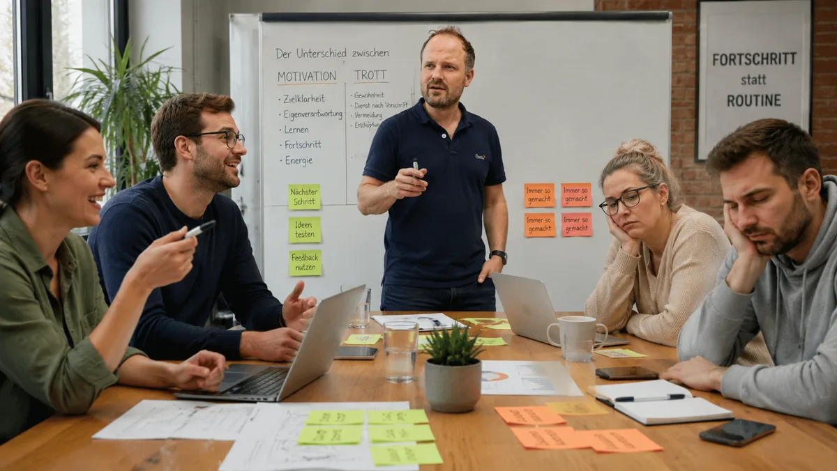 Gegenüberstellung am Whiteboard: unter Motivation stehen Zielklarheit, Eigenverantwortung, Lernen, Fortschritt und Energie, unter Trott Gewohnheit, Dienst nach Vorschrift, Vermeidung und Erschöpfung; links grüne Zettel mit nächsten Schritten, rechts orangefarbene mit "immer so gemacht", daneben das Schild Fortschritt statt Routine