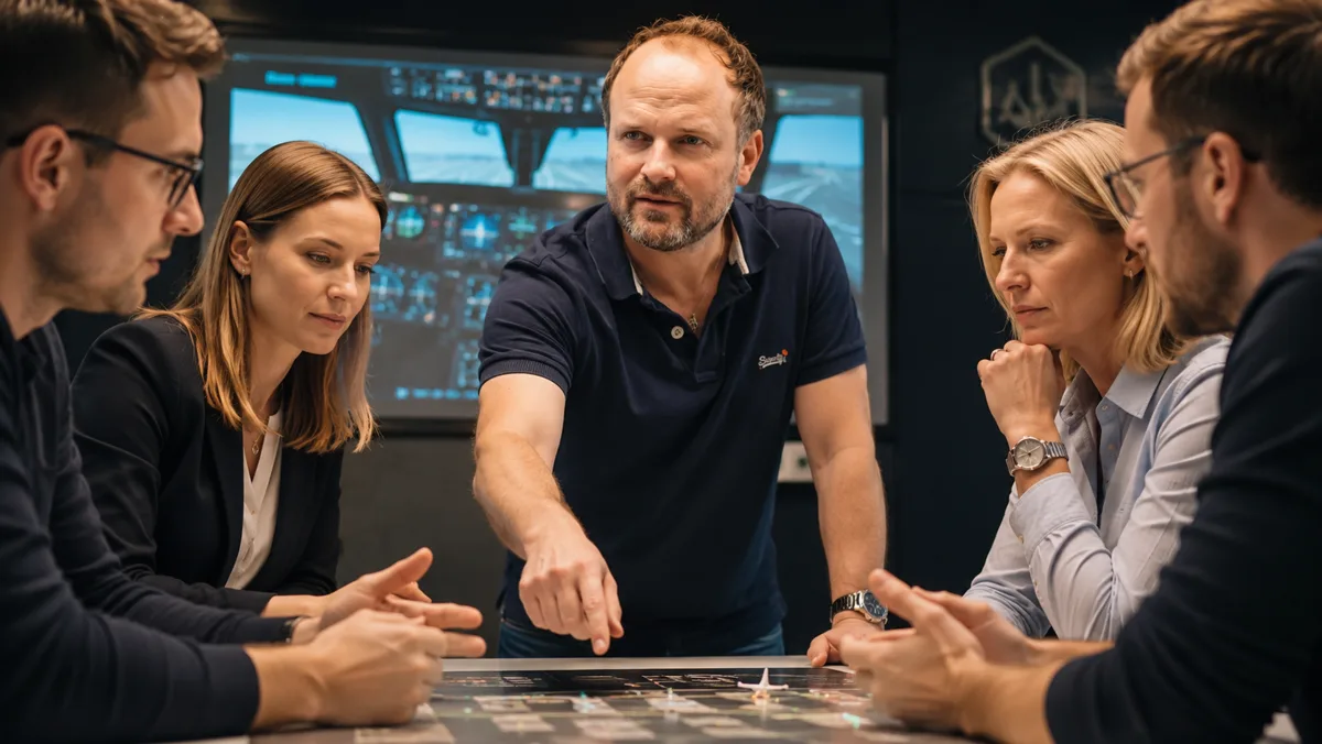 Das Team beugt sich im abgedunkelten Raum über einen leuchtenden Spieltisch, ringsum Cockpit-Bildschirme