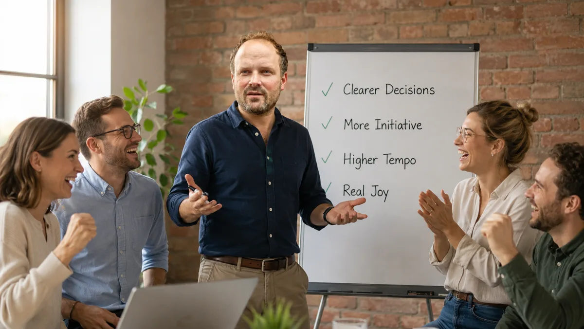 Am Flipchart vier abgehakte Ergebnisse: klarere Entscheidungen, mehr Initiative, höheres Tempo und echte Freude - das Team jubelt