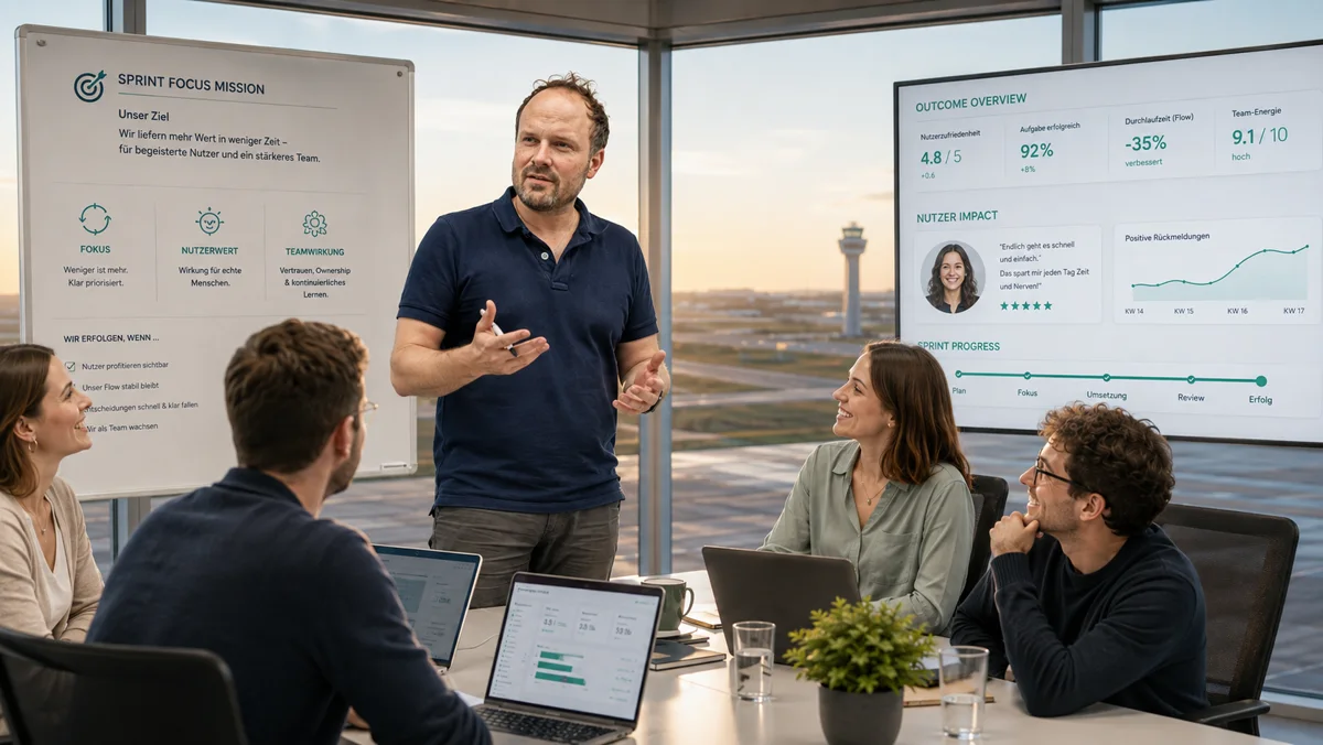 Die Sprint-Mission am Whiteboard: Fokus, Nutzerwert und Teamwirkung, daneben die Auswertung mit Nutzerzufriedenheit, Durchlaufzeit und Team-Energie