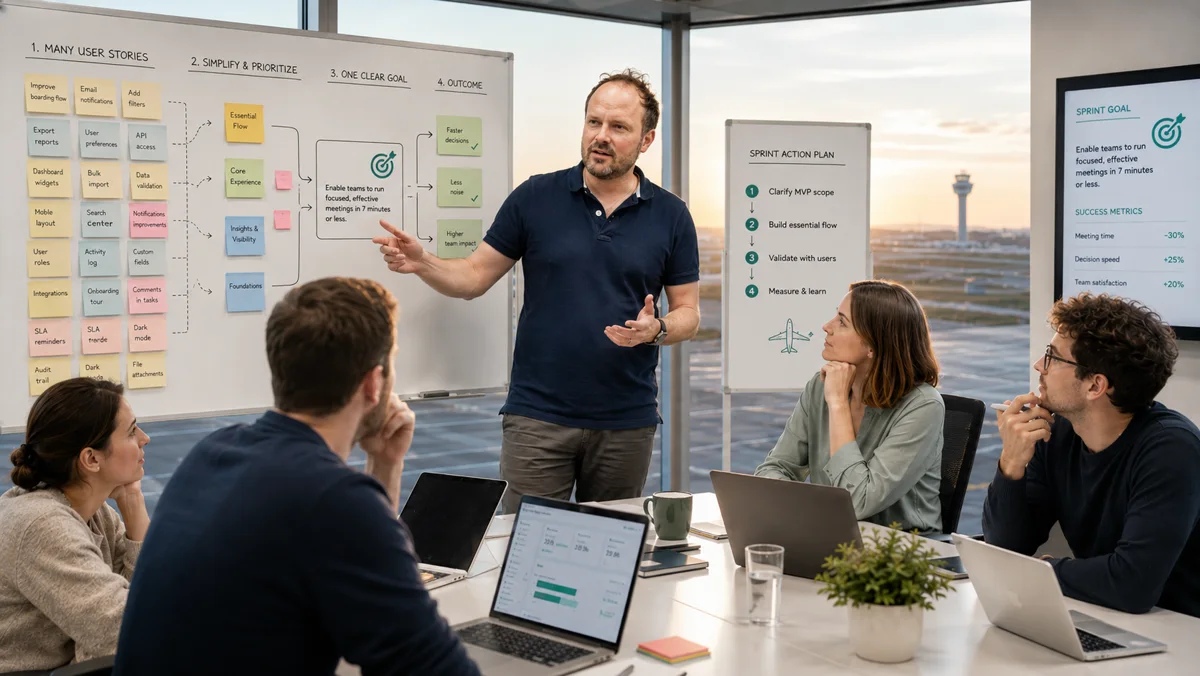 Aus vielen User Stories wird durch Vereinfachen und Priorisieren ein einziges klares Ziel, daraus schnellere Entscheidungen, weniger Rauschen und mehr Teamwirkung