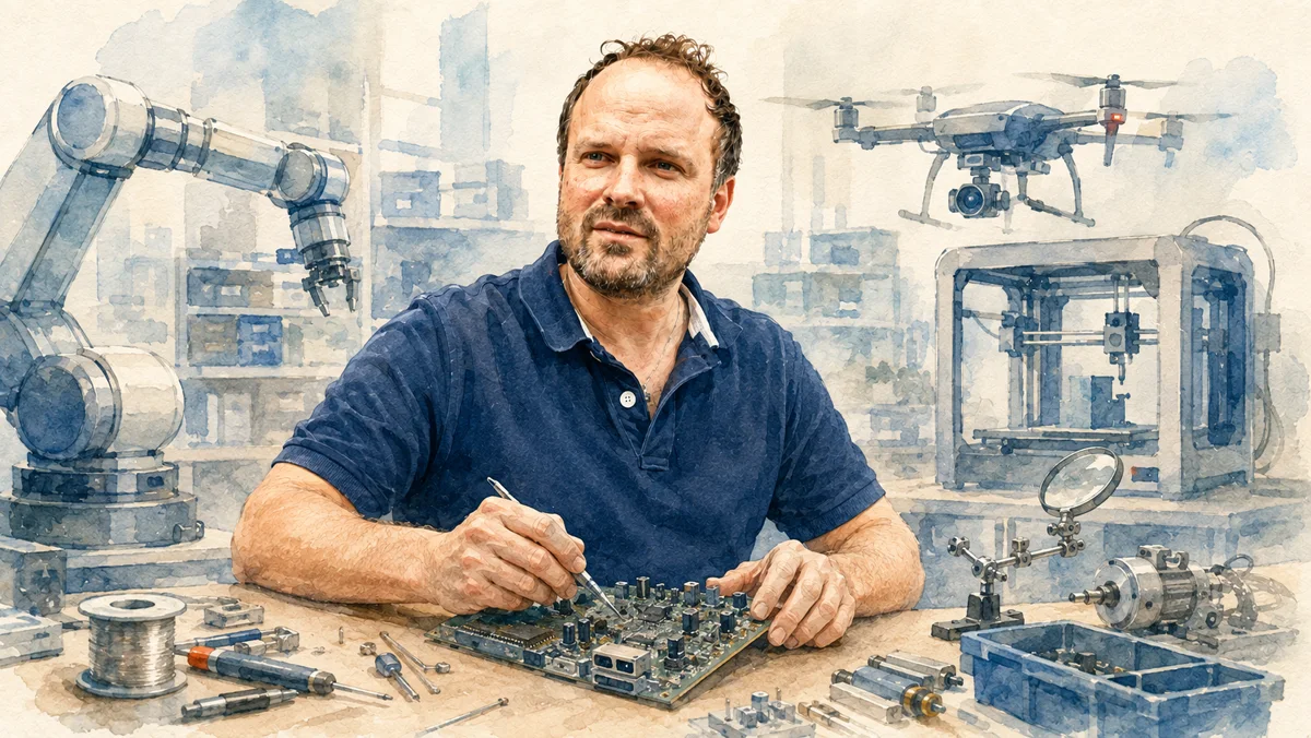 Werkstatt mit Platine, Fertigungsmaschinen und Prototypen