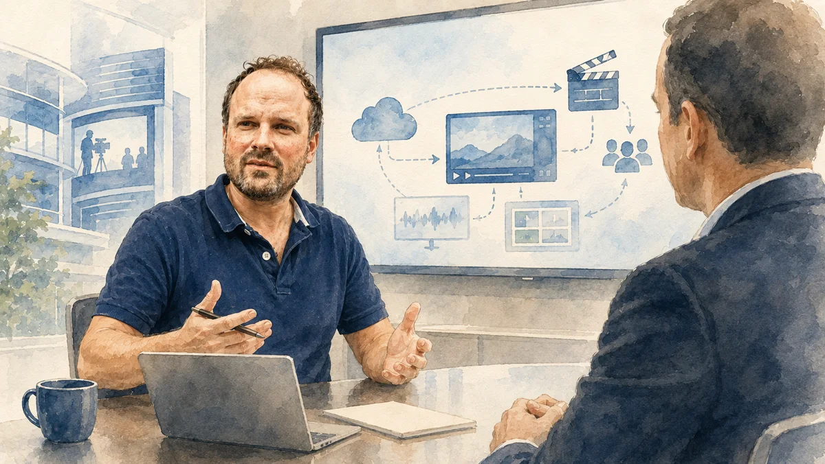 Gespräch mit einem Medienkonzern: am Tisch gegenüber ein Entscheider, auf dem Bildschirm ein Produktionsablauf