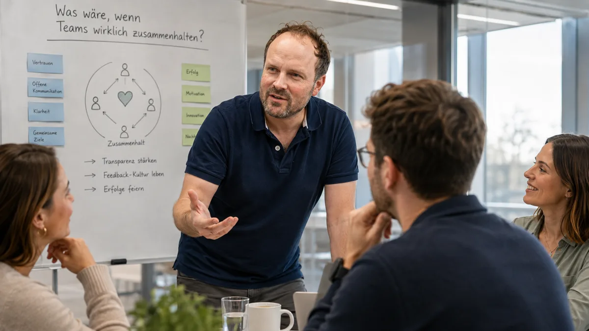 Am Flipchart mit der Frage, was wäre, wenn Teams wirklich zusammenhalten: links Vertrauen, offene Kommunikation, Klarheit und gemeinsame Ziele, in der Mitte ein Kreis um ein Herz mit der Überschrift Zusammenhalt, rechts Erfolg, Motivation und Innovation; darunter Transparenz stärken, Feedback-Kultur leben, Erfolge feiern