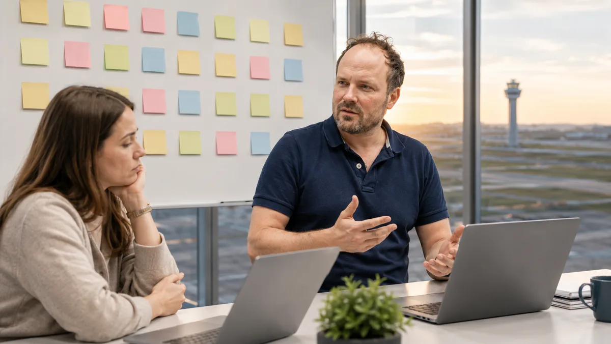 Gespräch zu zweit am Laptop vor einer Wand mit lauter unbeschrifteten Haftnotizen