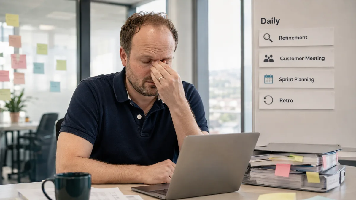 Erschöpft, die Hand an den Augen, vor einem Stapel Ordner; an der Wand die Terminleiste aus Daily, Refinement, Kundentermin, Sprint Planning und Retro