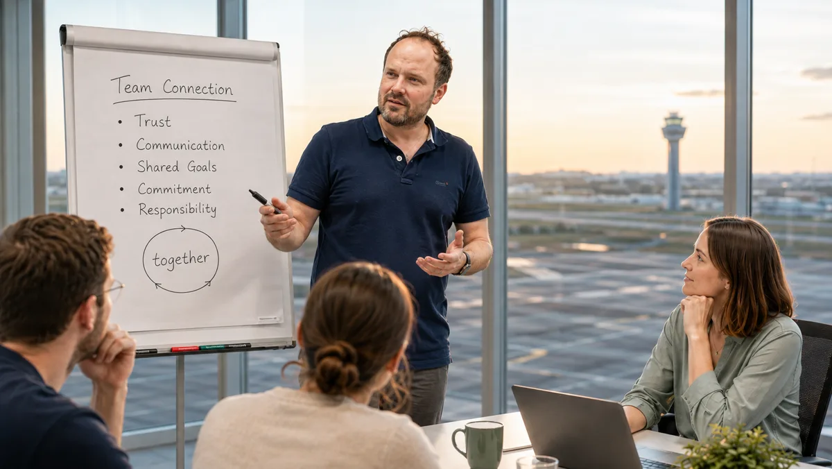 Am Flipchart mit der Überschrift Team Connection und den Punkten Vertrauen, Kommunikation, gemeinsame Ziele, Commitment und Verantwortung, darunter ein Kreis mit dem Wort together; das Team hört zu