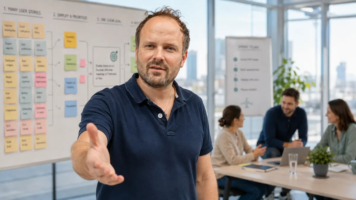 Die Hand einladend zum Betrachter ausgestreckt; im Hintergrund ein Board, das von vielen User Stories über Vereinfachen und Priorisieren zu einem klaren Ziel führt, daneben ein Sprintplan - dahinter arbeitet das Team