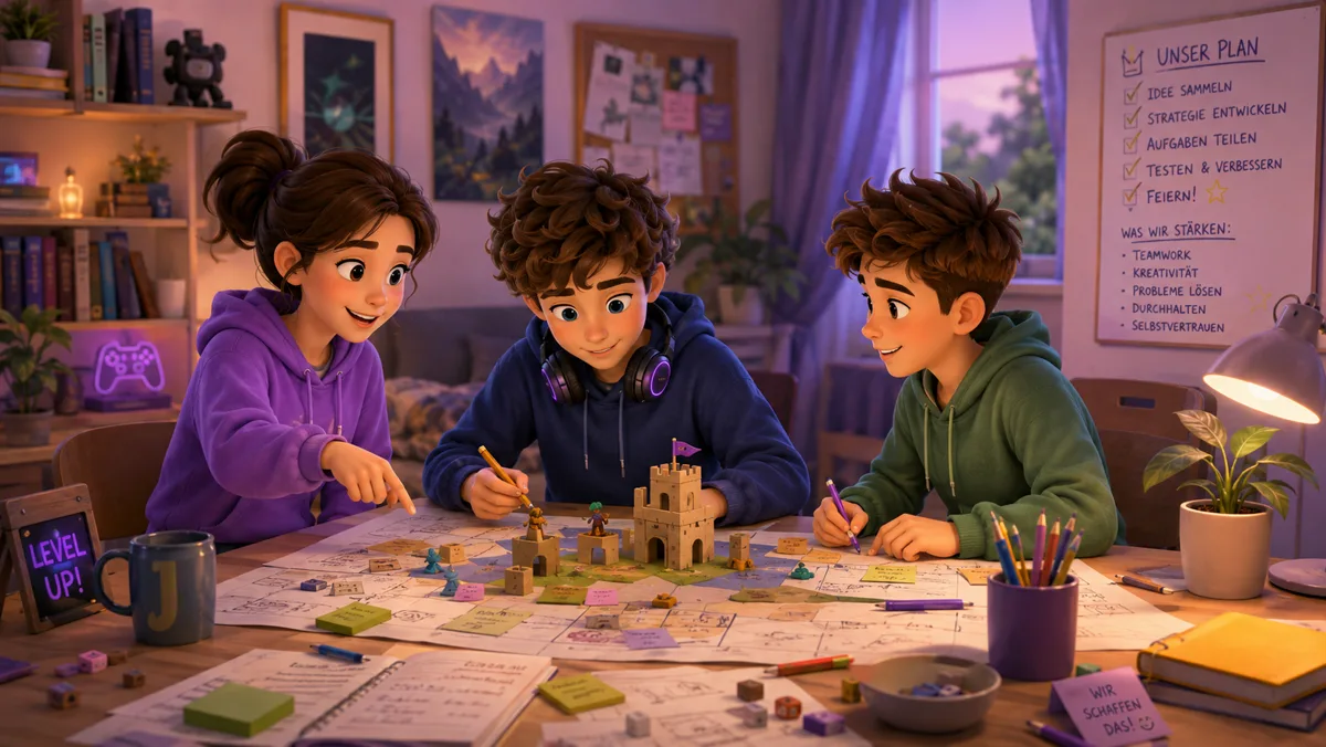 Drei Jugendliche entwerfen gemeinsam ein Brettspiel; an der Wand hängt Unser Plan von der Idee bis zum Feiern und darunter, was das stärkt: Teamwork, Kreativität, Probleme lösen, Durchhalten, Selbstvertrauen