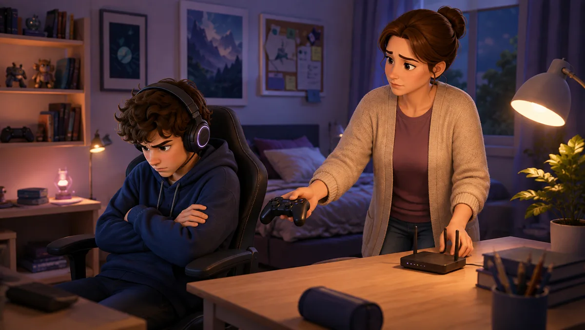 Die Mutter greift nach Controller und Router, der Junge verschränkt die Arme und dreht sich weg - mit der Spielzeit verschwindet auch das, was ihm Halt gibt