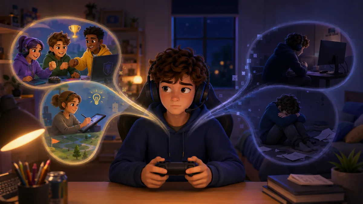 Der Junge mit Controller in der Mitte: links warme Blasen mit gemeinsamem Spielen, Jubel und eigenem Bauen, rechts kalte Blasen mit dem Jungen allein am dunklen Schreibtisch und zusammengesunken auf dem Boden