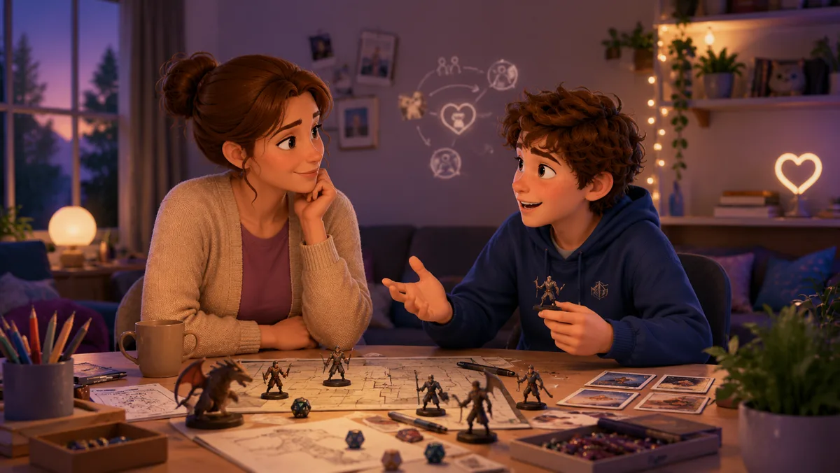 Der Junge erklärt seiner Mutter begeistert sein Tischrollenspiel mit Figuren, Würfeln und Karte; sie hört aufmerksam zu, an der Wand leuchtet ein Beziehungsdiagramm mit Herz