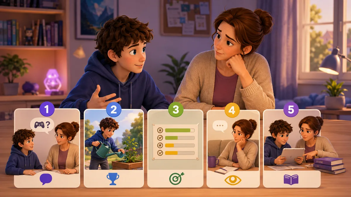 Fünf nummerierte Karten: offene Frage zum Spiel, ein reales Erfolgserlebnis, ein Fortschrittssystem für echte Lernziele, beobachten ohne zu bewerten und gemeinsam eine Studie über Games lesen