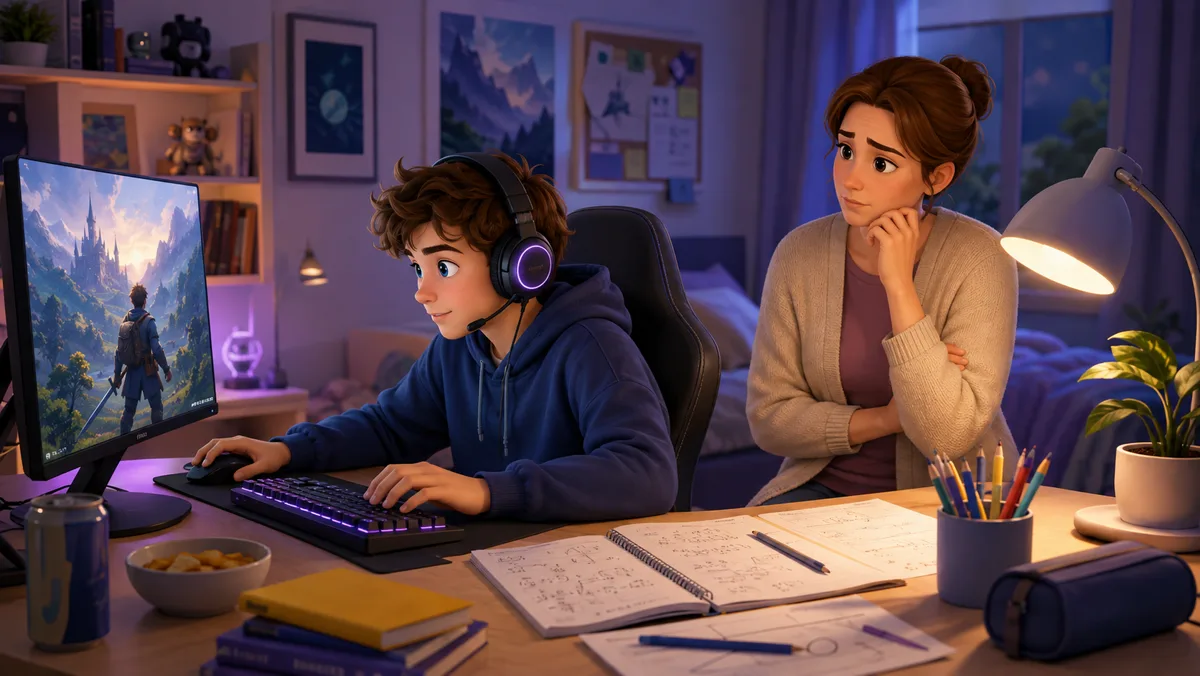 Junge mit Headset spielt am Rechner ein Fantasy-Spiel, daneben liegt das unberührte Matheheft; seine Mutter steht dahinter und schaut besorgt zu